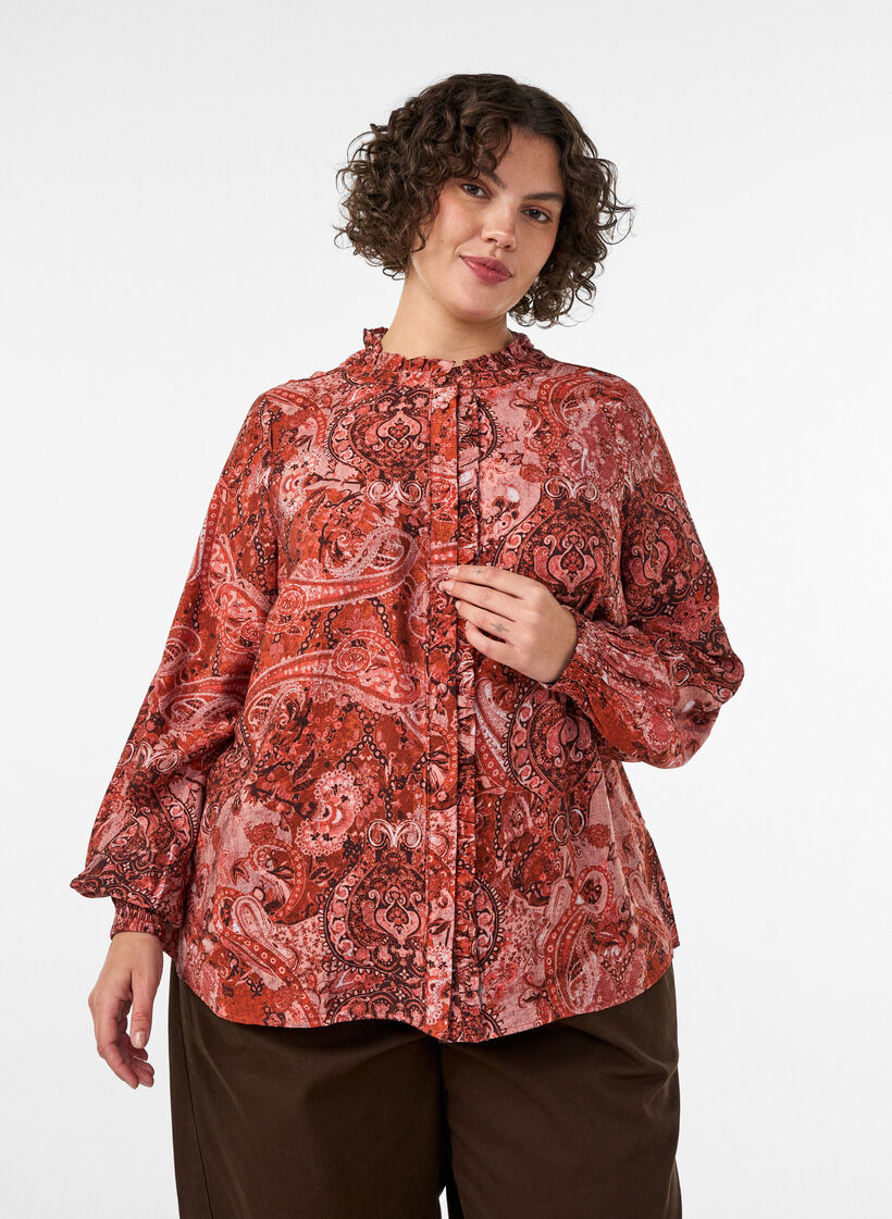 Bluse i viskose med paisleyprint og fl&aelig;ser, Orange, Model image number 0