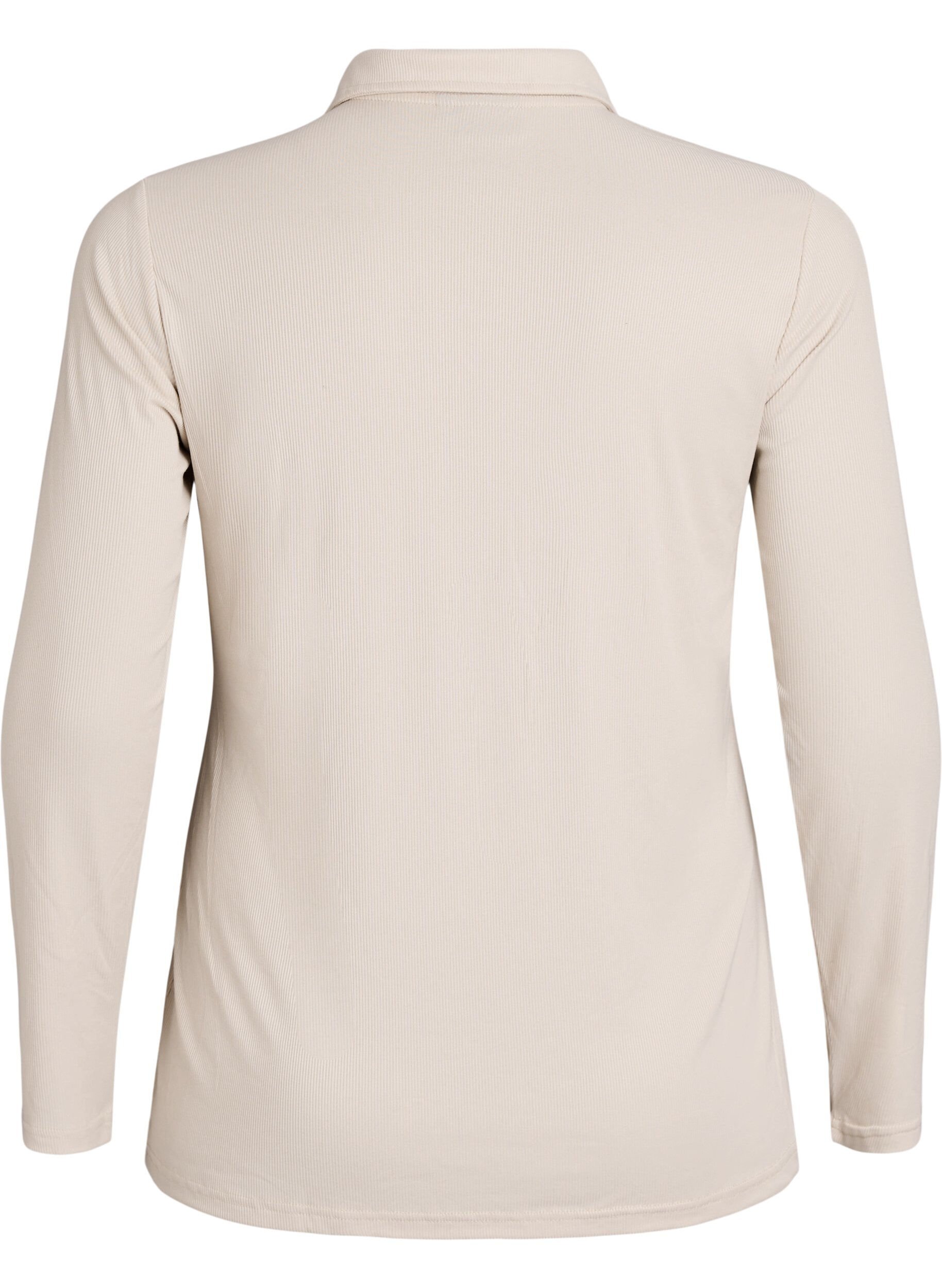 Zizzi Poloshirt i bl&oslash;d rib med lange &aelig;rmer, Beige, Packshot image number 1