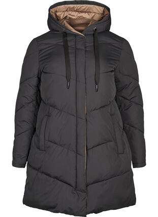 Lang vendbar jakke med hætte, Black COMB, Packshot image number 0