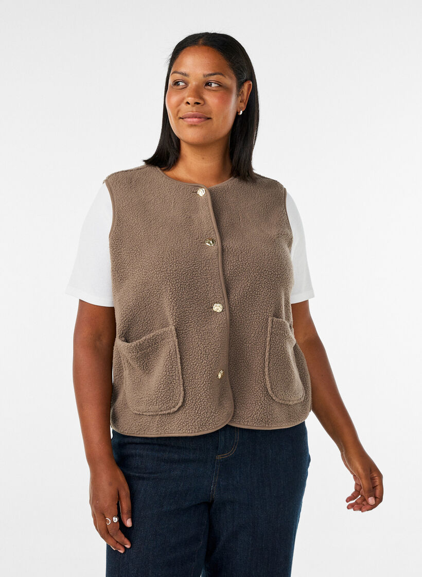Teddy vest med knapper og lommer, Brun, Model image number 0