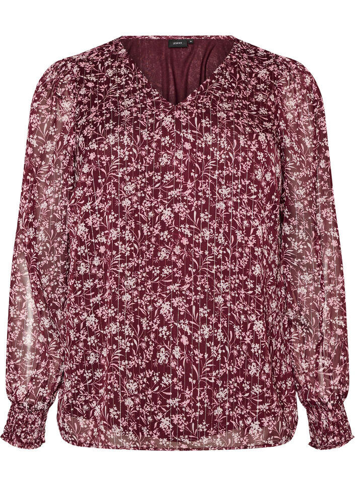 Bluse med blomsterprint og glittertr&aring;d, R&oslash;d, Packshot image number 0