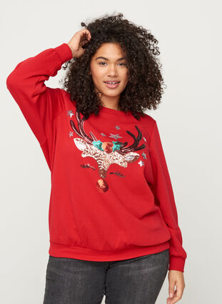 Jule sweatshirt med pailleter, Tango Red, Model image number 0