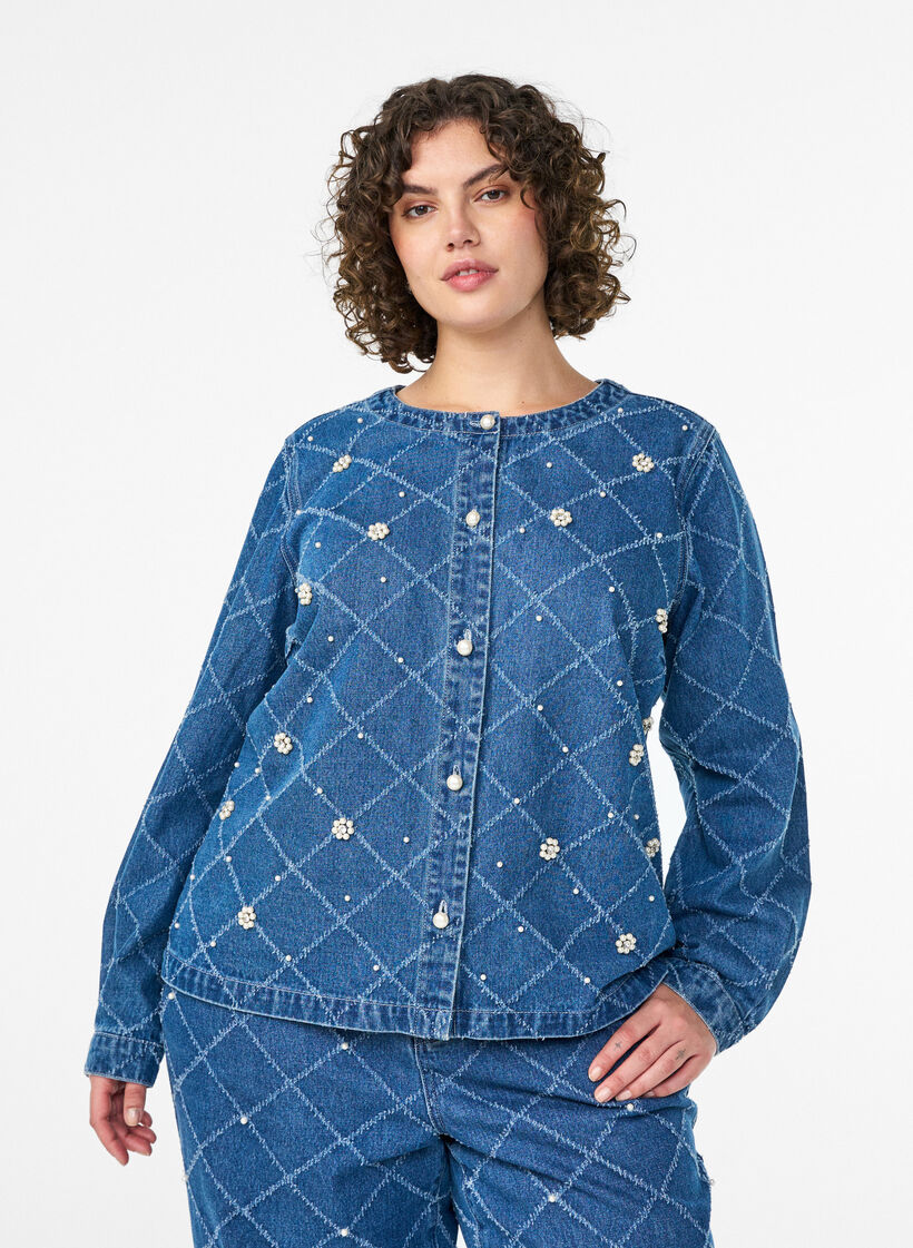 Denimskjorte med destroy-m&oslash;nster og perledetaljer, Bl&aring;, Model image number 0