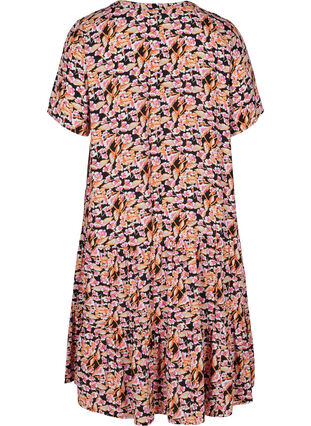 Kortærmet viskose kjole med print, Pink Flower on Black, Packshot image number 1