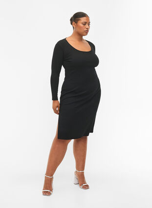 Tætsiddende kjole med lange ærmer og slids, Black, Model image number 3