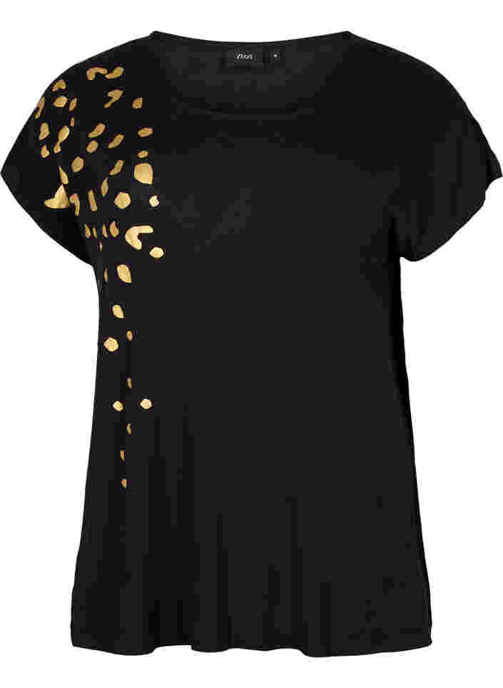Kortærmet viskose t-shirt med guldtryk, Black Gold , Packshot image number 0