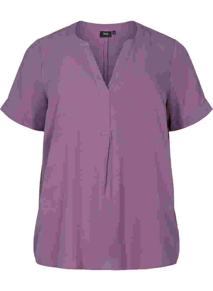 Kortærmet bluse med v-udskæring, Vintage Violet, Packshot image number 0