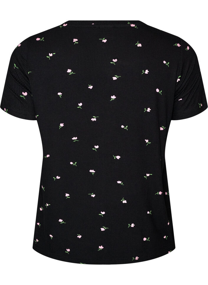 Pyjamastop med blomsterprint og ribstruktur, Sort, Packshot image number 1