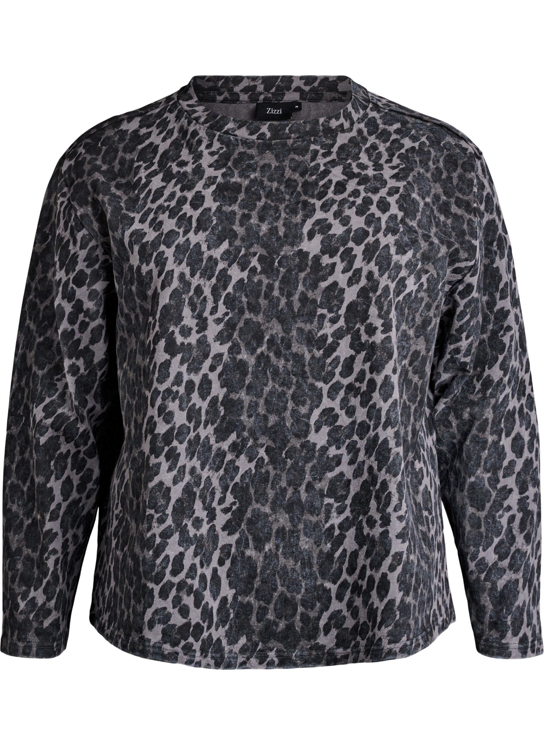 Washed sweatshirt med leopardm&oslash;nster