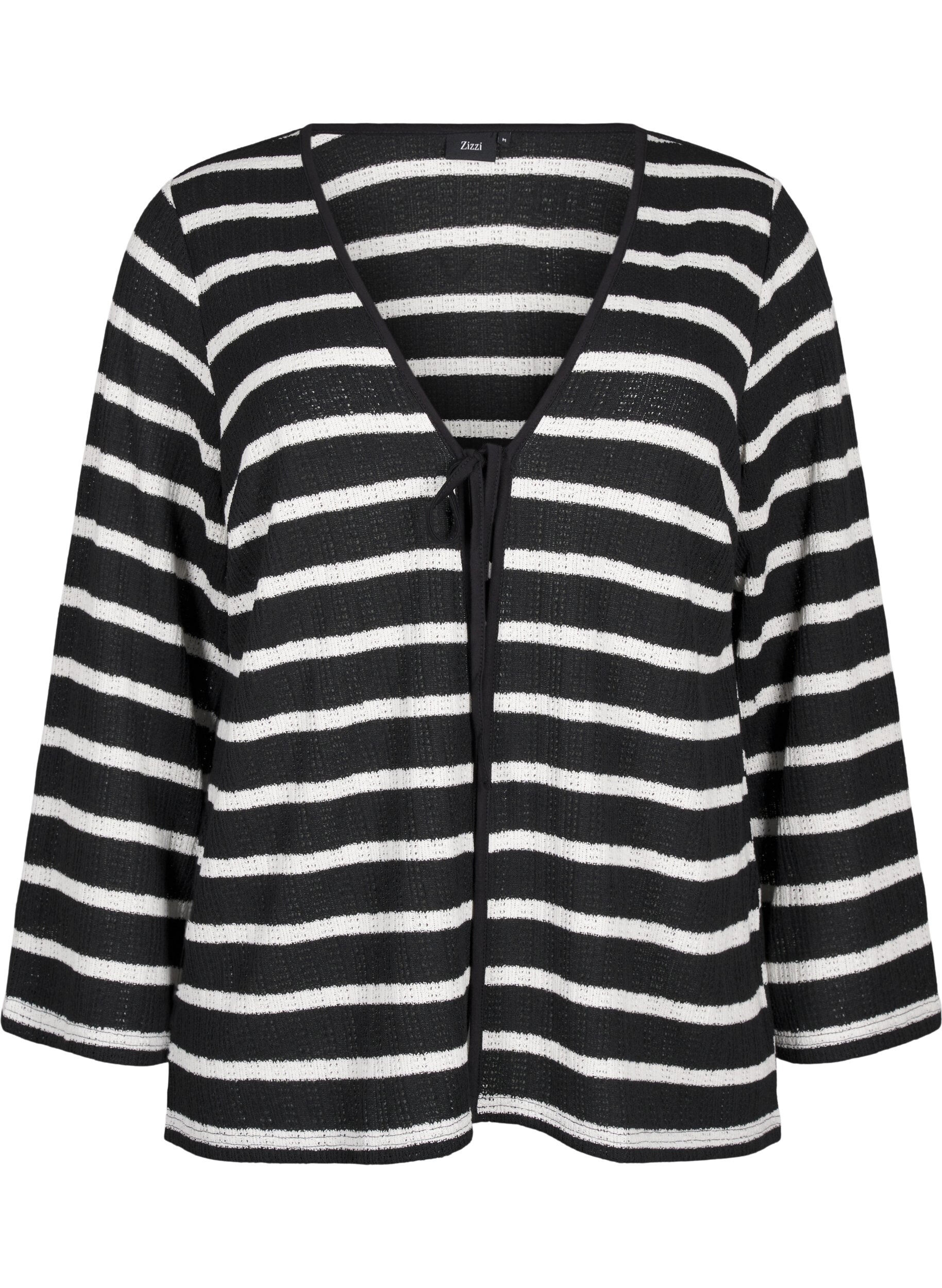 Zizzi Cardigan med bindeb&aring;nd, Black White stripe, Packshot image number 0