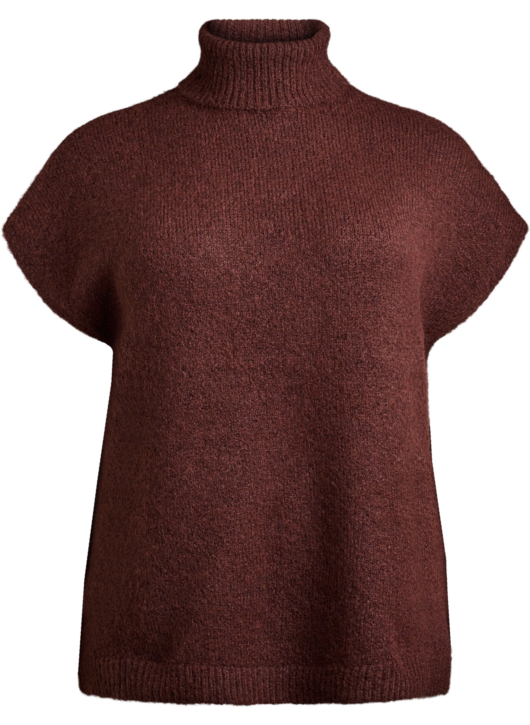 Zizzi &AElig;rmel&oslash;s strikvest med rullekrave, Brun, Packshot image number 0