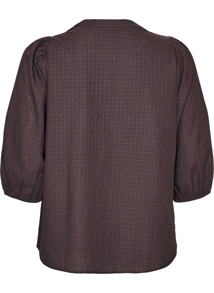 Ternet bluse med V-hals og 3/4-&aelig;rmer, Brun, Packshot image number 1