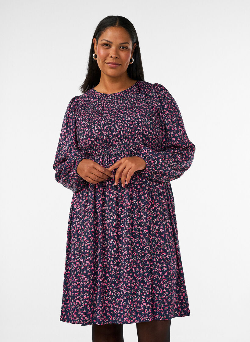 Kjole med smock-overdel og sm&aring;blomstret m&oslash;nster, Bl&aring;, Model image number 0