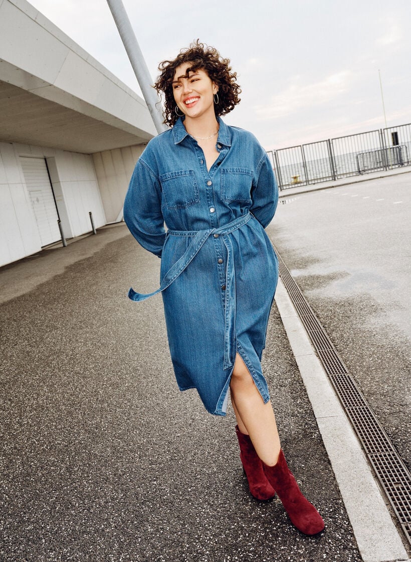 Denimskjortekjole med bindebælte og sidelommer, Blå, Image image number 0