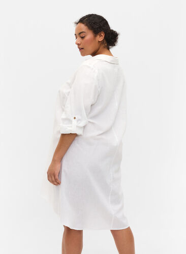 Stribet kjole i bomuld og hør, White, Model image number 1
