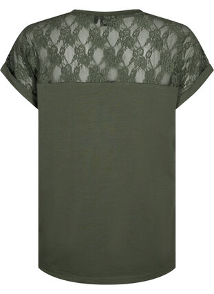 Kortærmet bomulds t-shirt med blonder, Thyme, Packshot image number 1