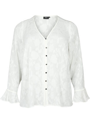 Langærmet skjorte med jacquard look, Bright White, Packshot image number 0