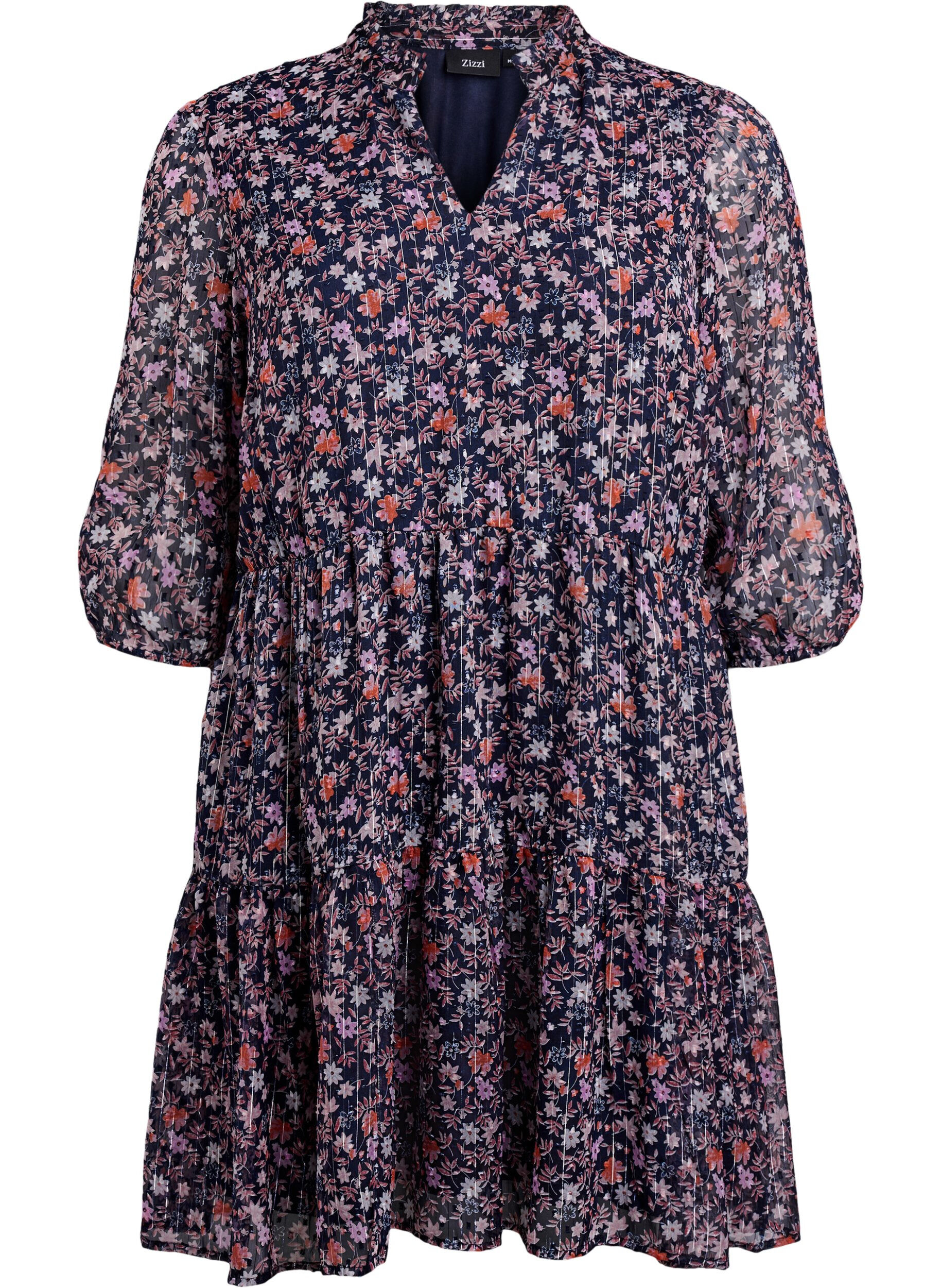 ZizziTunika med blomsterprint og glittertr&aring;de, Bl&aring;, Packshot image number 0