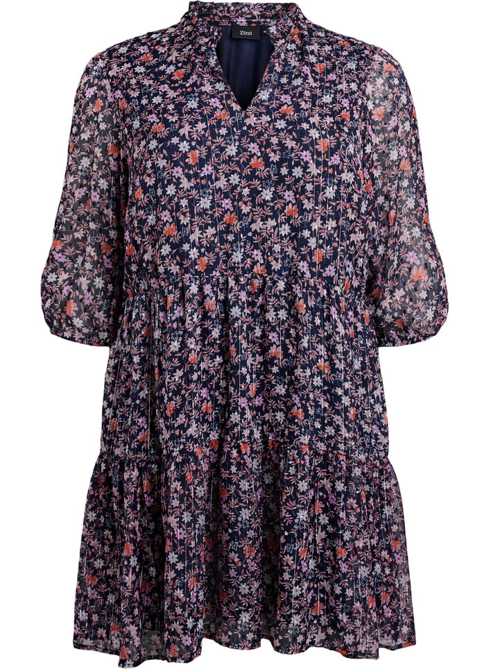 Tunika med blomsterprint og glittertr&aring;de, Bl&aring;, Packshot image number 0