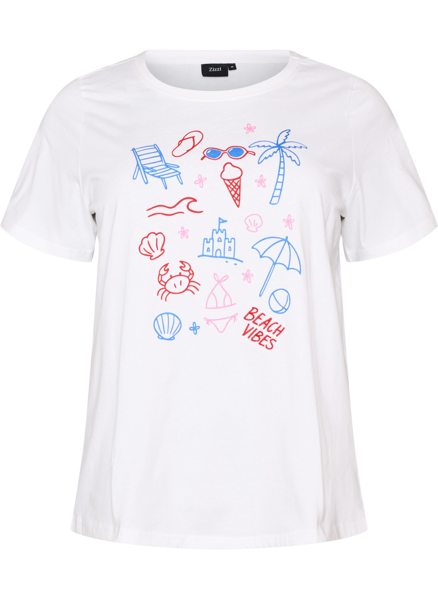 ZizziT-shirt i &oslash;kologisk bomuld med strandprint, Hvid, Packshot image number 0