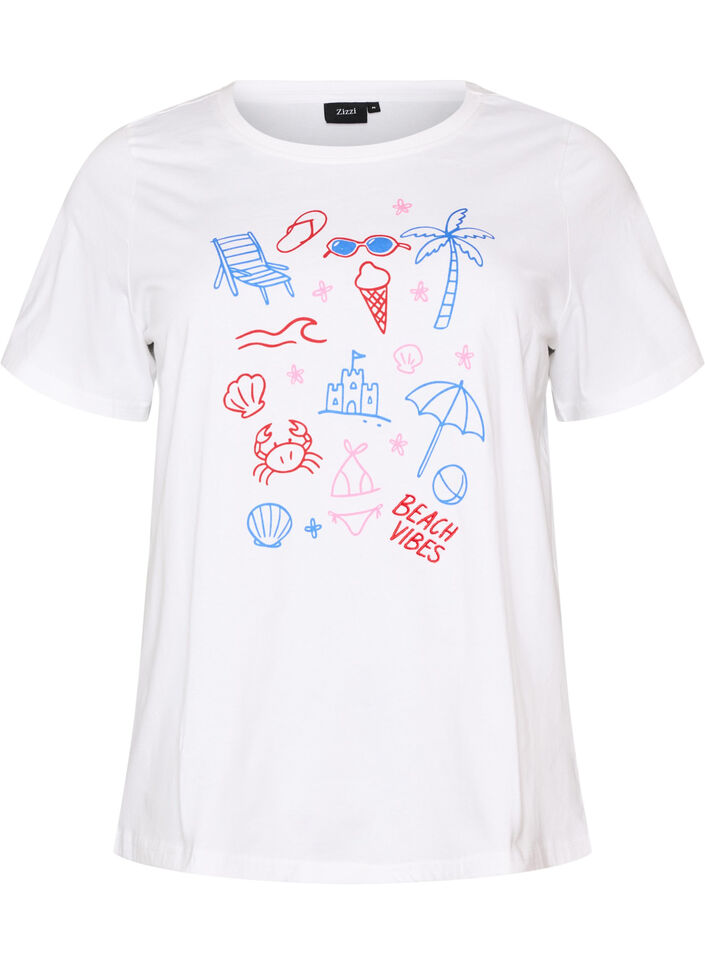 T-shirt i &oslash;kologisk bomuld med strandprint, Hvid, Packshot image number 0