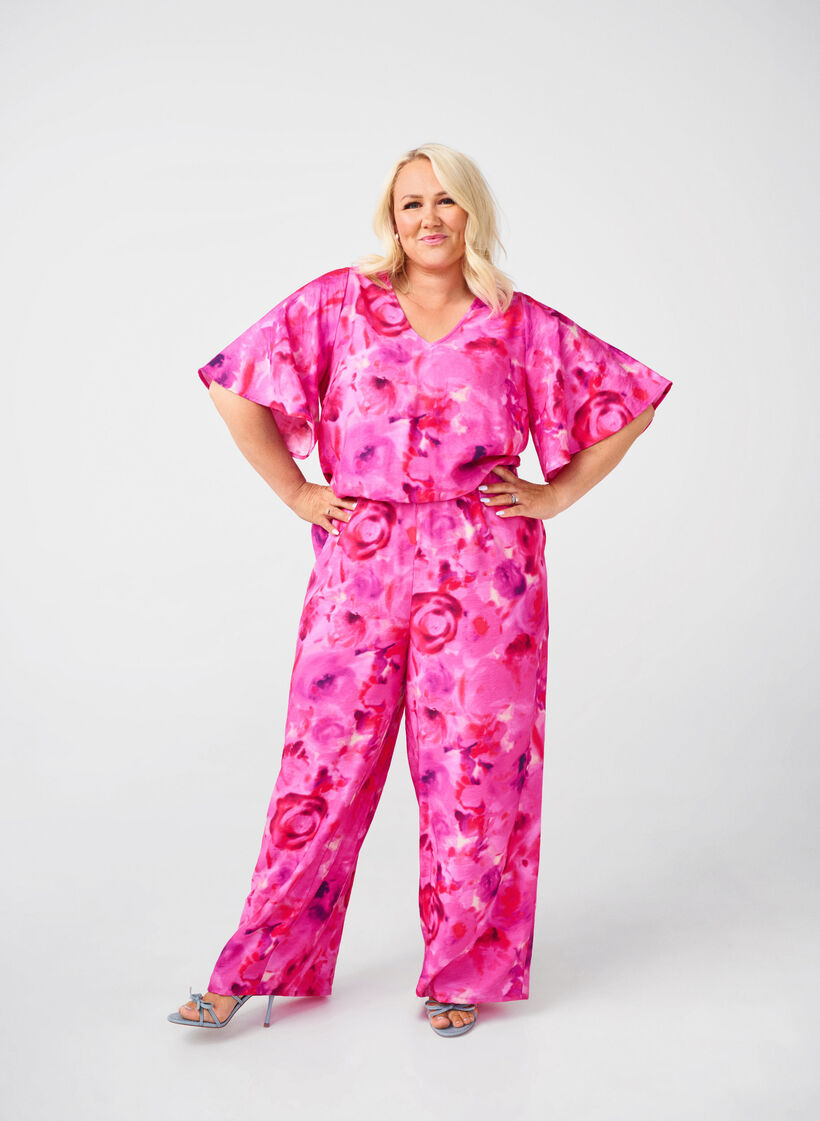 Blomstret jumpsuit med flagermusærmer, Pink Rose AOP, Image image number 0