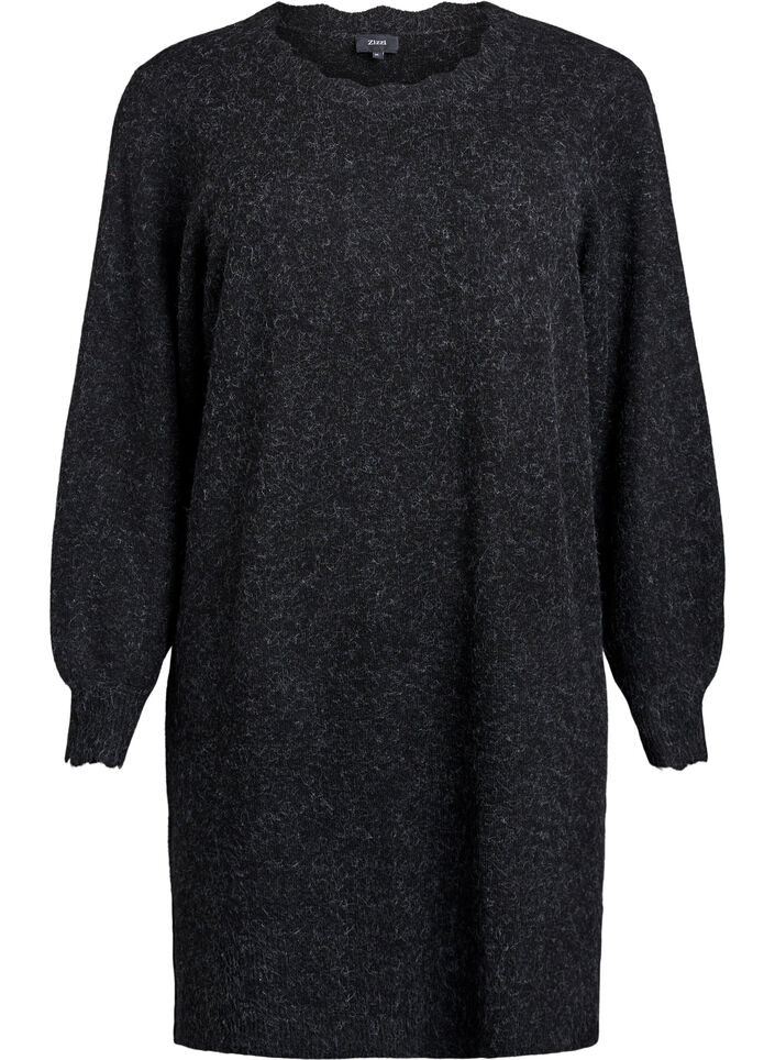 Kort strikkjole med bølgede kanter og slidser, Grå, Packshot image number 0