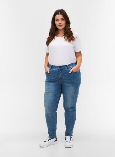 Cropped Amy jeans med høj talje og sløjfe, Blue denim, Model image number 0