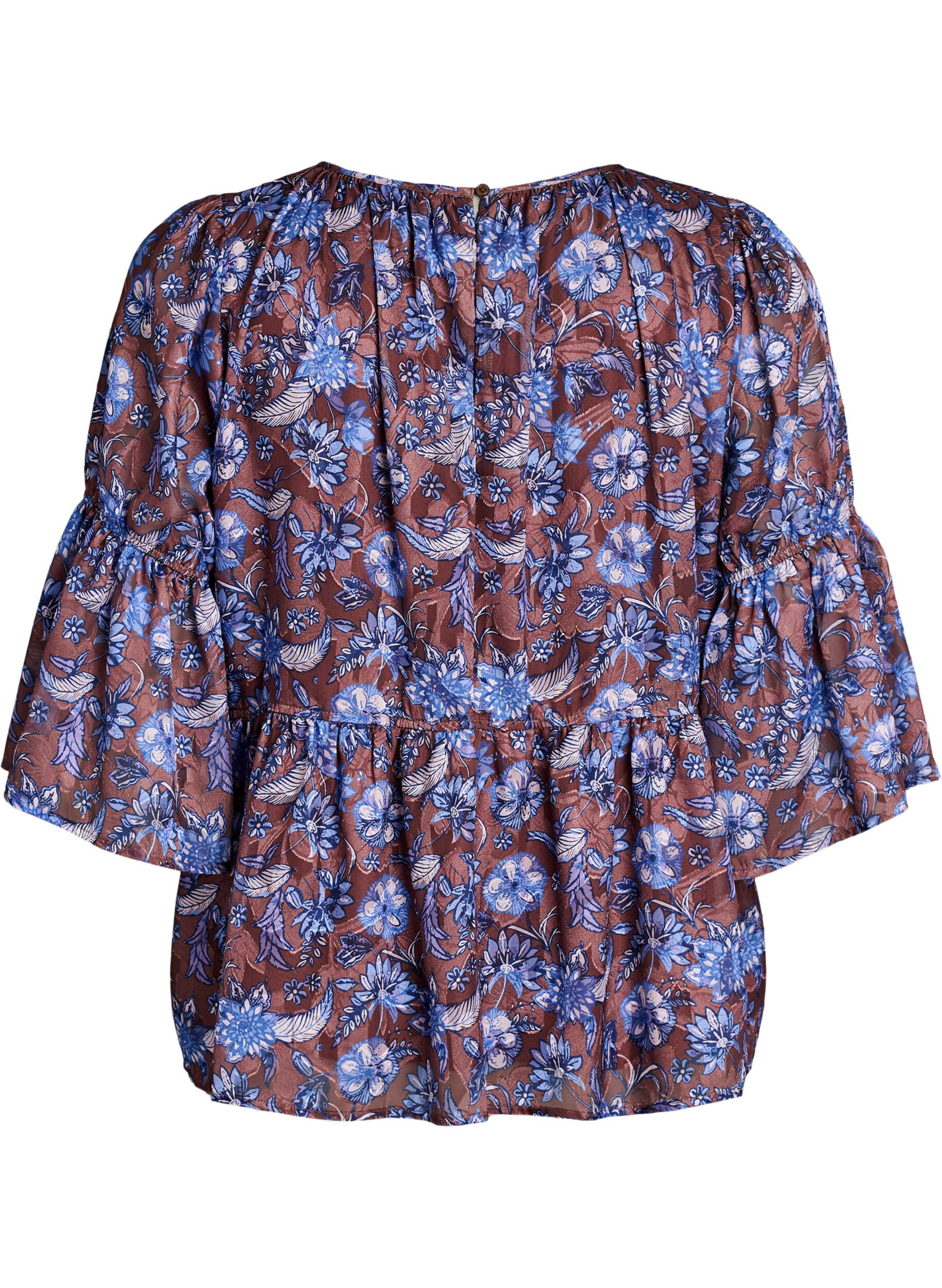 ZizziBlomstret bluse med fl&aelig;se&aelig;rmer, Brun, Packshot image number 1