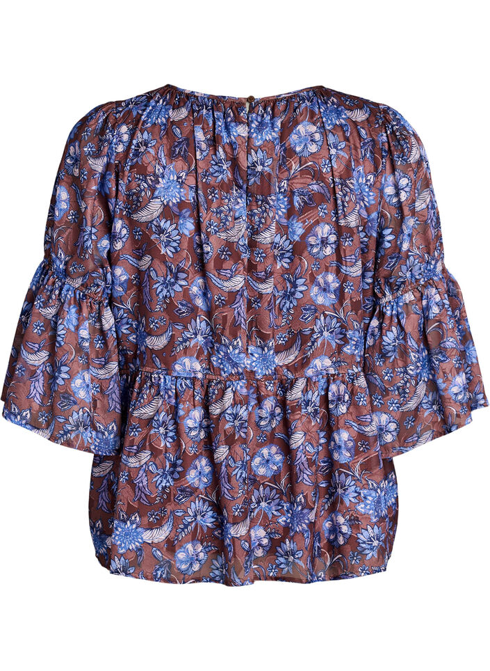 Blomstret bluse med fl&aelig;se&aelig;rmer, Brun, Packshot image number 1