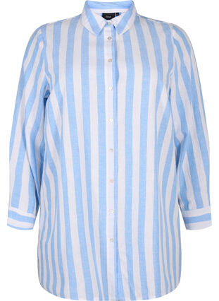 Lang skjorte i hør og bomuld, Blue White Stripe, Packshot image number 0