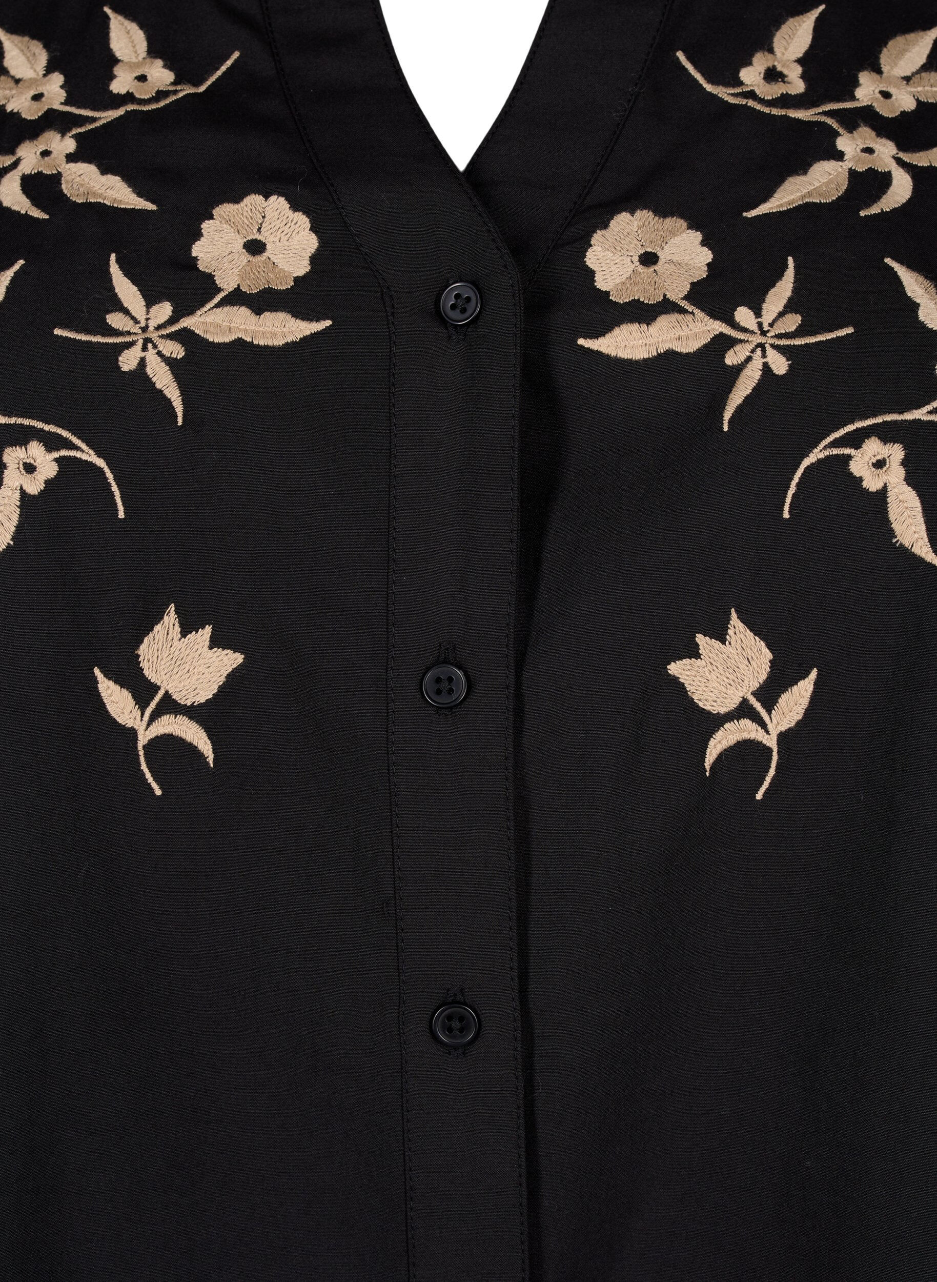 Zizzi Skjortebluse med broderede blomster og 3/4 &aelig;rmer, Black W. Beige Emb. , Packshot image number 2