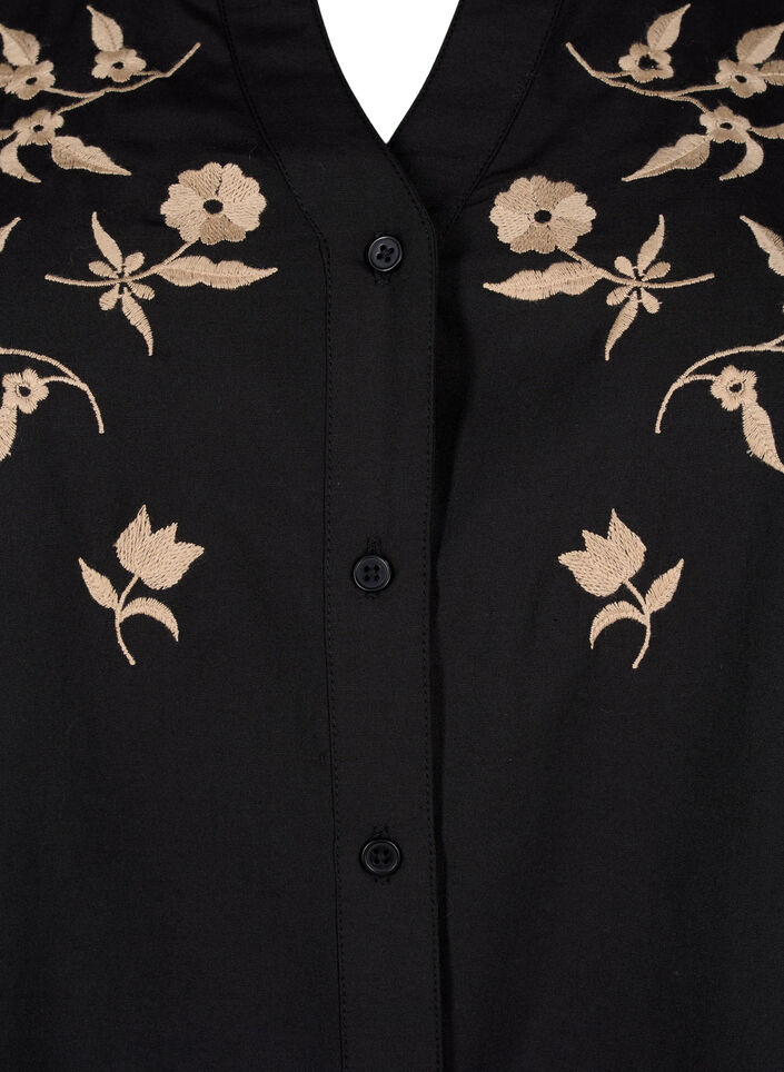 Skjortebluse med broderede blomster og 3/4 ærmer, Black W. Beige Emb. , Packshot image number 2