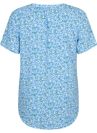 Bluse med korte ærmer og v-udskæring , Blue Small Flower, Packshot image number 1