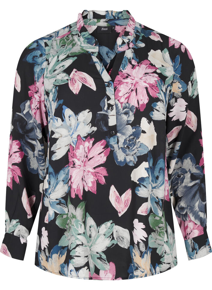 Langærmet bluse med blomsterprint, Rose Flower AOP, Packshot image number 0