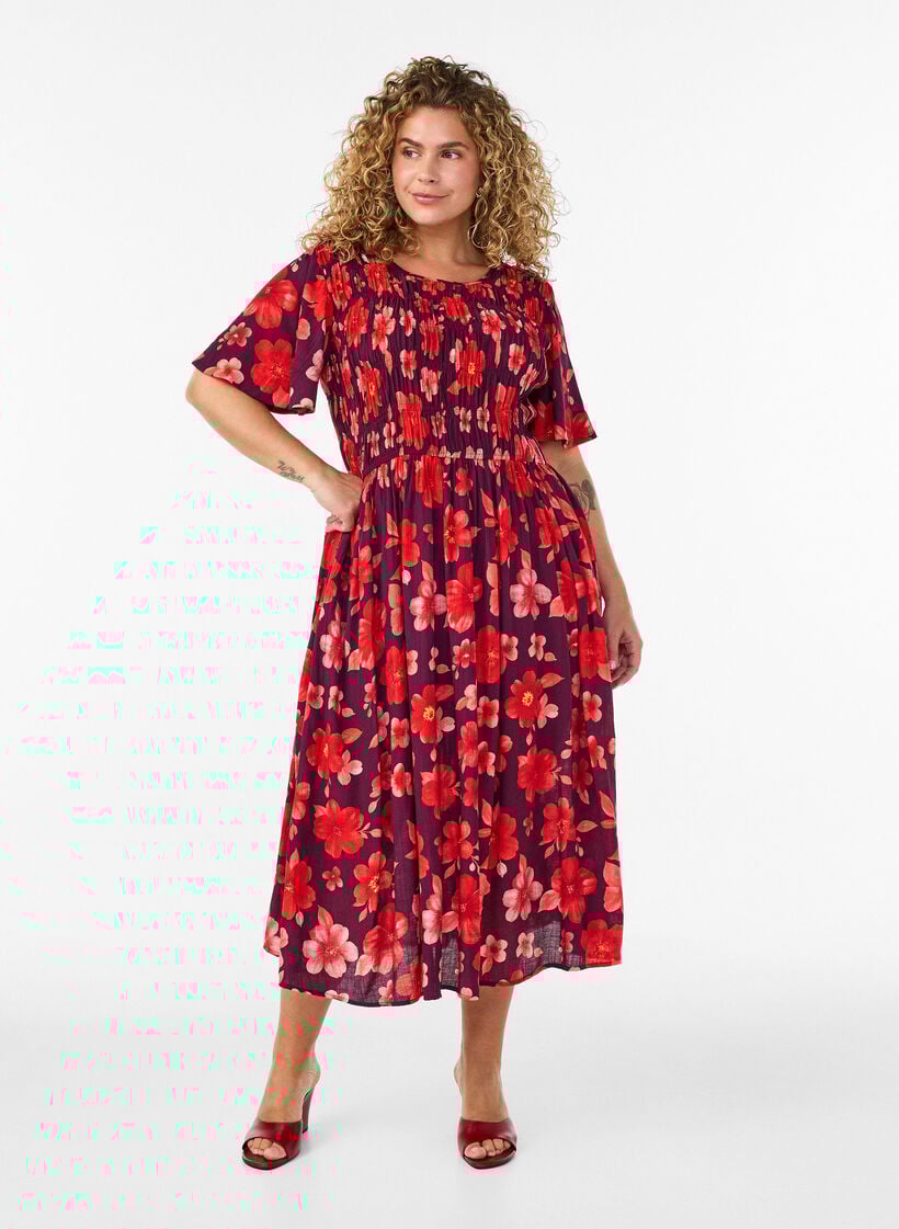 Kjole med smock og blomsterprint, Lilla, Model image number 0