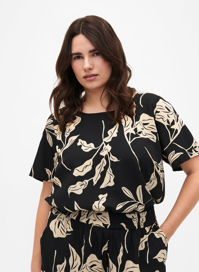FLASH - Kortærmet bluse med print, Black Off White Fl., Model image number 0