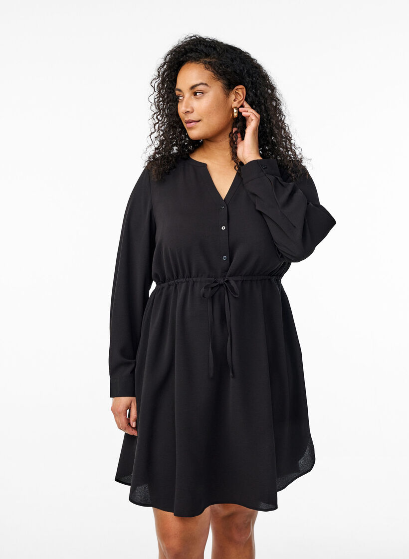 Knælang kjole med bindebånd, Sort, Model image number 0