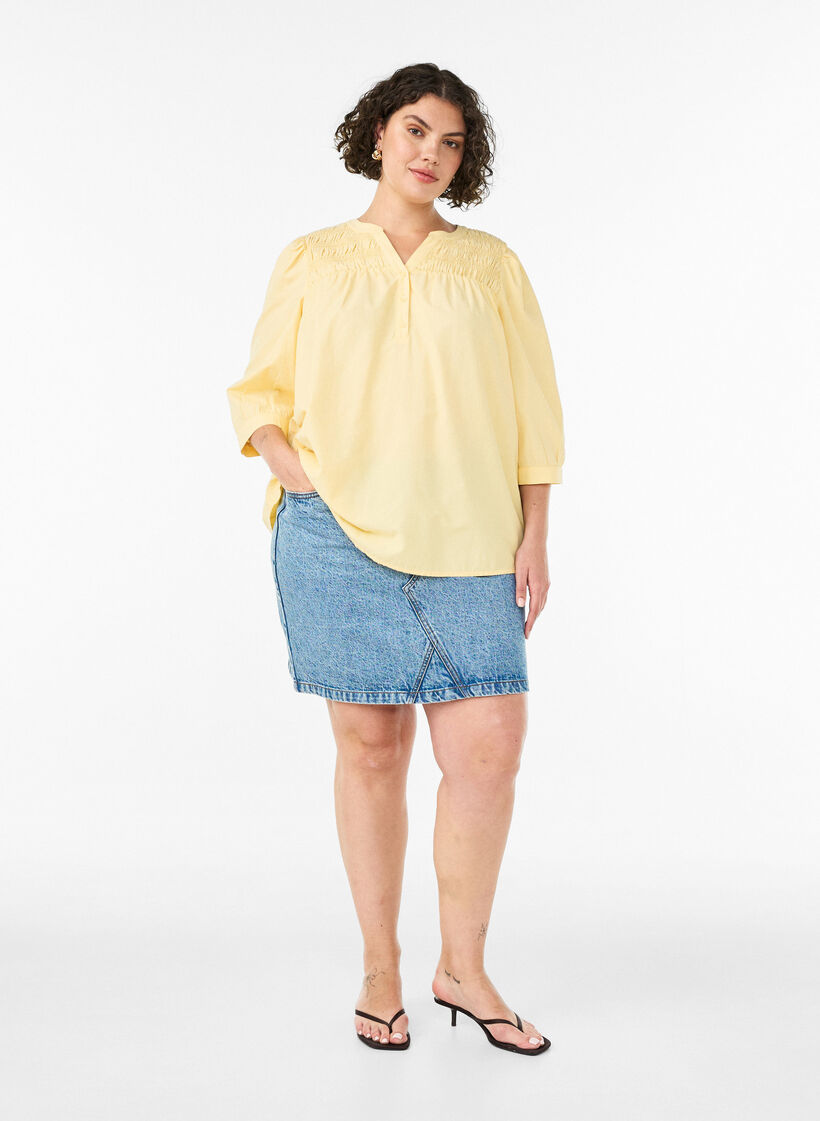 Bluse med smock og 3/4-&aelig;rmer, Gul, Model image number 1