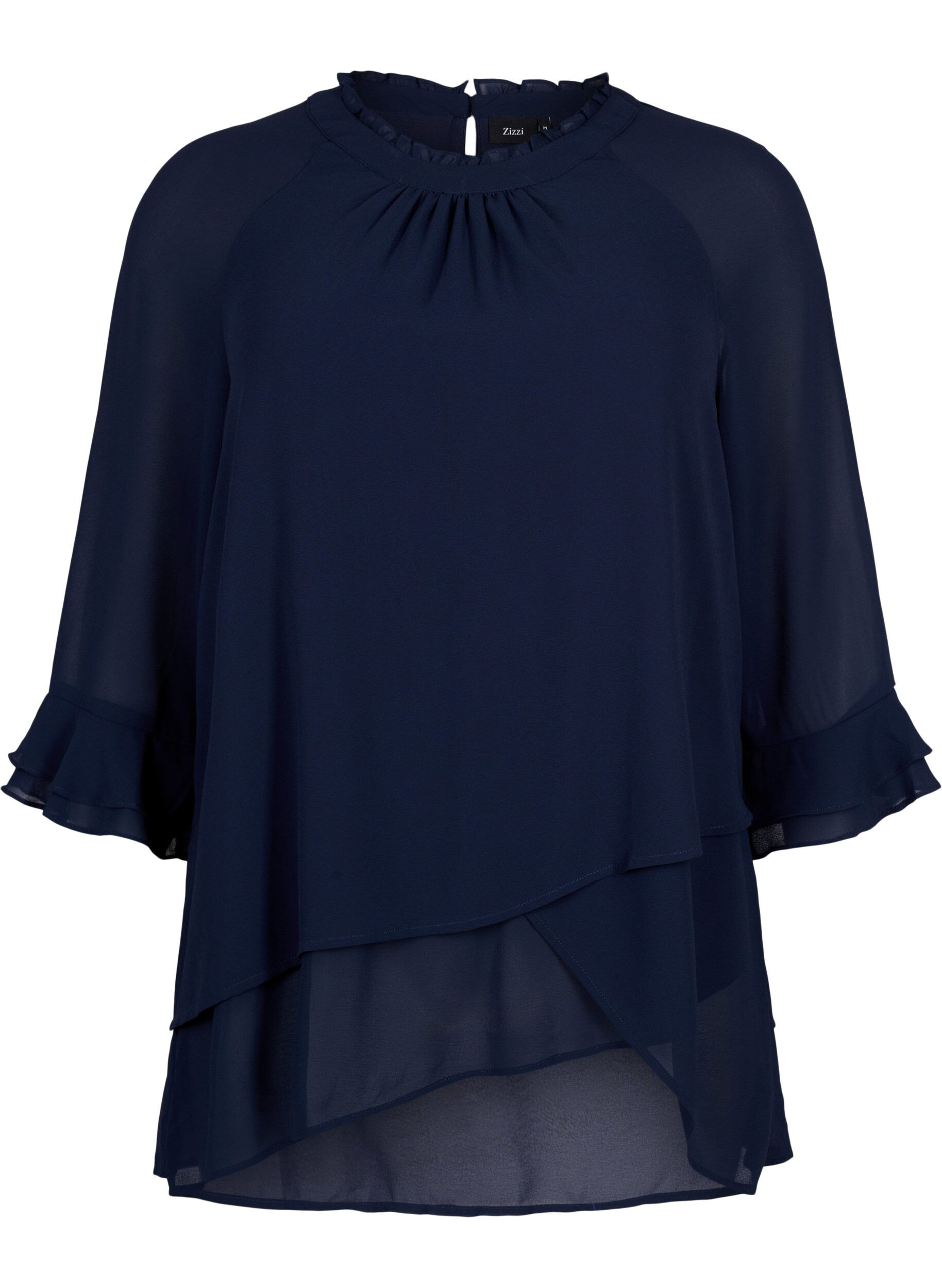 Zizzi Bluse med asymmetrisk bund og 3/4 &aelig;rmer, Navy Blazer, Packshot image number 0