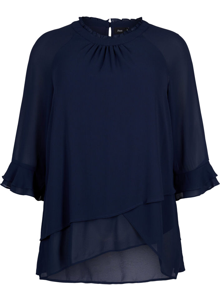 Bluse med asymmetrisk bund og 3/4 ærmer, Navy Blazer, Packshot image number 0