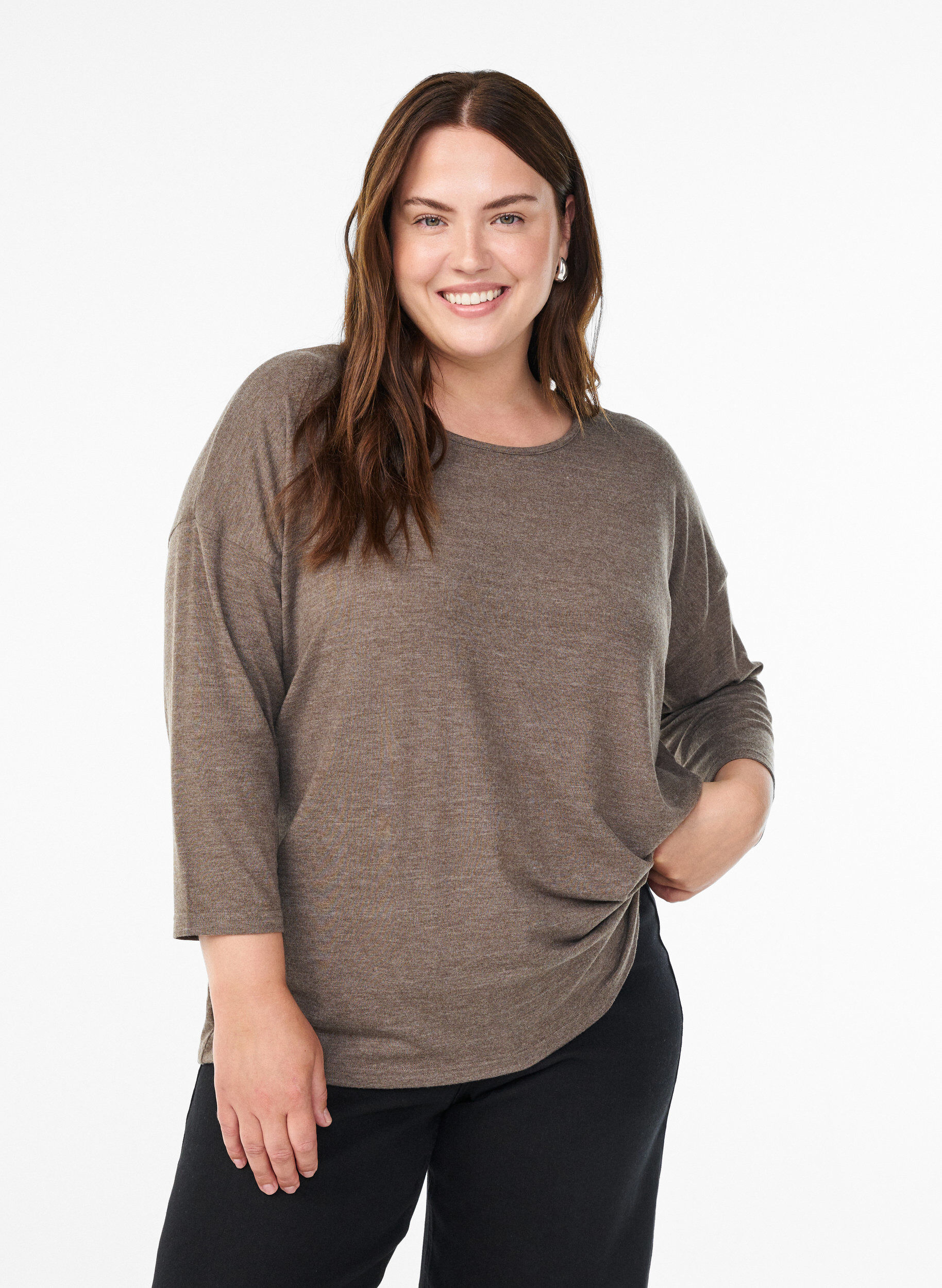 Jerseybluse med 3/4 &aelig;rmer, Brun, Model