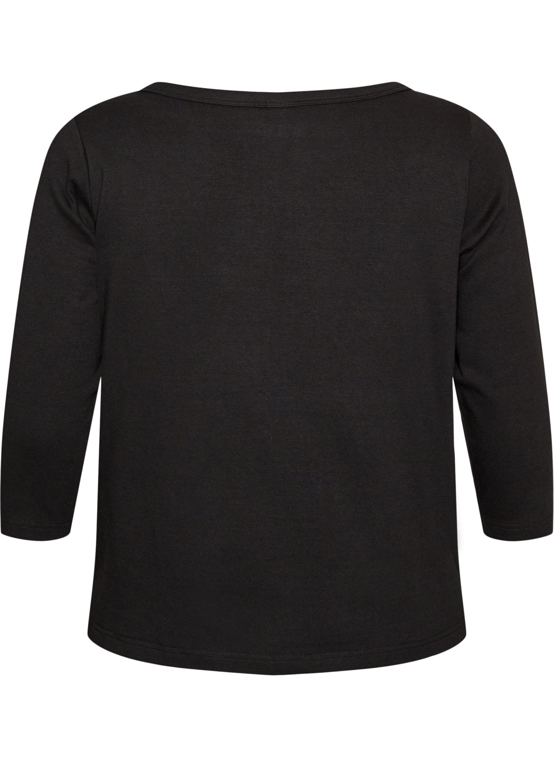ZizziBasis T-shirt med b&aring;dudsk&aelig;ring og 3/4-&aelig;rmer, Sort, Packshot image number 1
