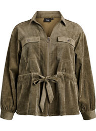 Skjortejakke i fløjl med bindebælte og lommer, Grøn