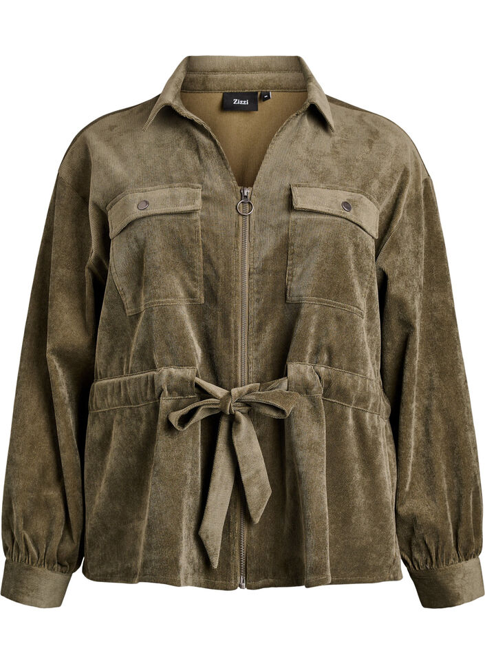 Skjortejakke i fløjl med bindebælte og lommer, Grøn, Packshot image number 0