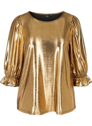 Shiny bluse med 3/4 pufærmer, Gold, Packshot image number 0