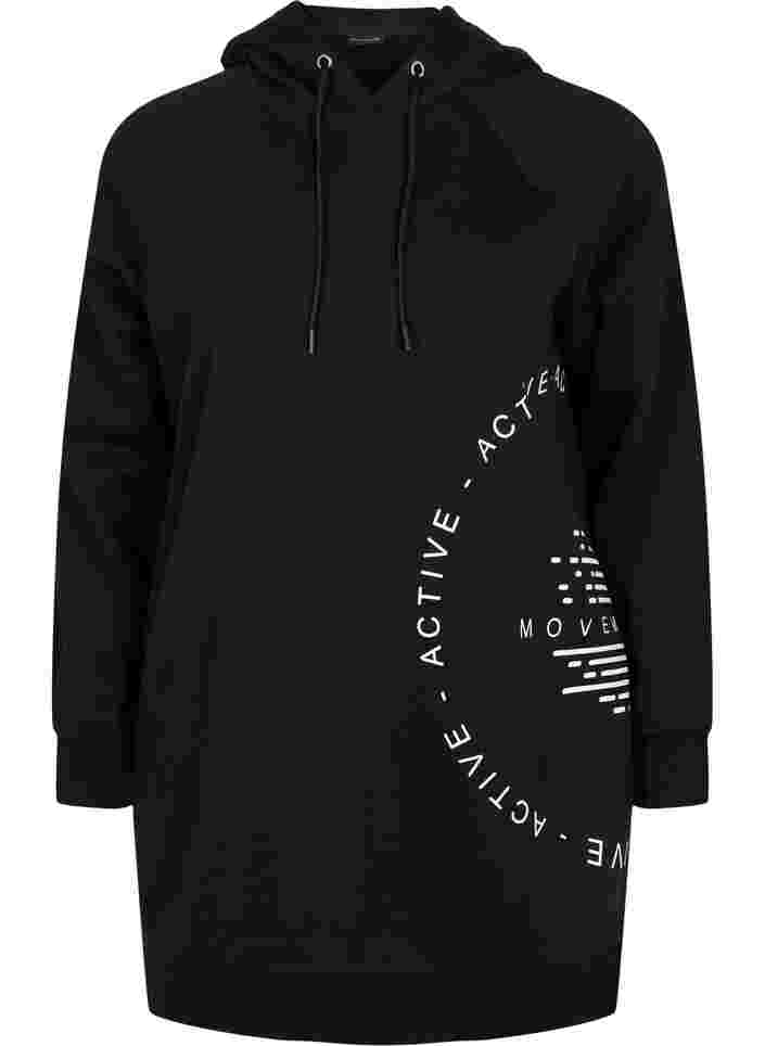 Lang sweatshirt med hætte og printdetaljer, Black w. Logo Print, Packshot image number 0