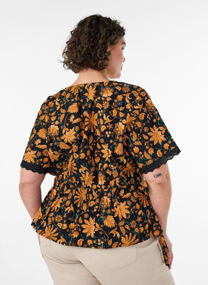 Blomstret bluse i bomuld med bindeb&aring;nd, Orange, Model image number 2