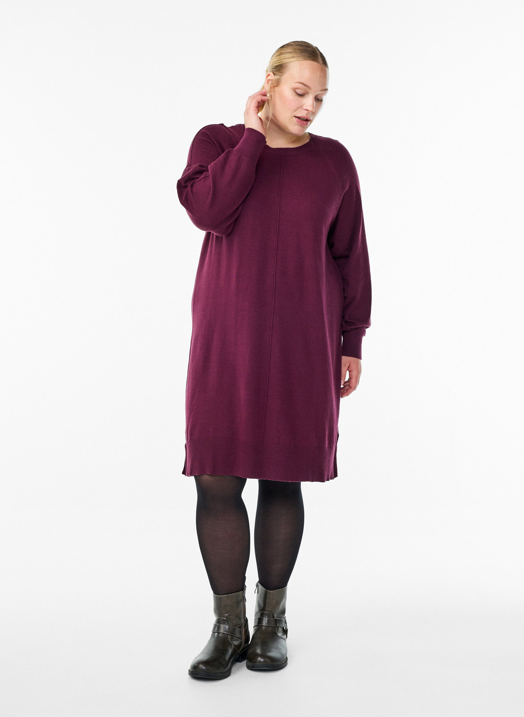 ZizziKort strikkjole med raglan&aelig;rmer og midters&oslash;m, R&oslash;d, Model image number 1
