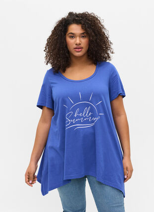 Kortærmet bomulds t-shirt med a-form, Dazzling Blue HELLO , Model image number 0